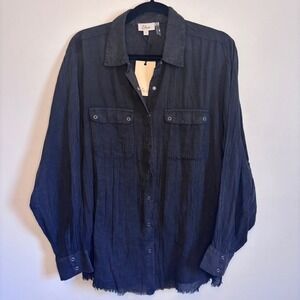 Elan Womens Washed Black Cotton Crinkle Button Down Shirt Frayed Hem Large NWT